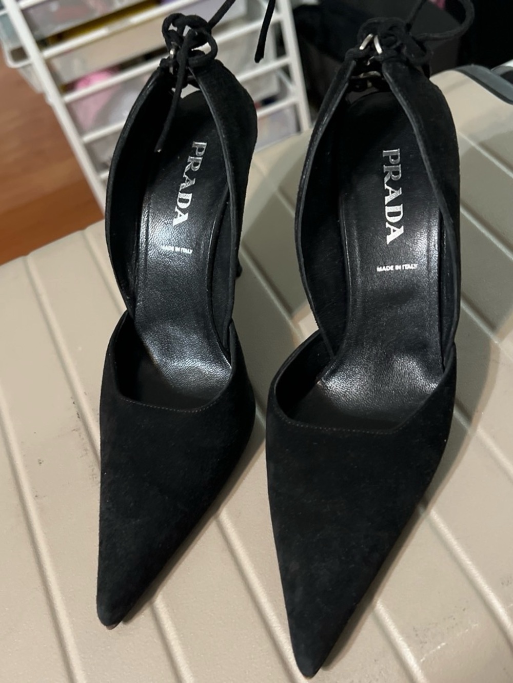 Prada Black Suede Pointed-Toe Ankle Tie Heels